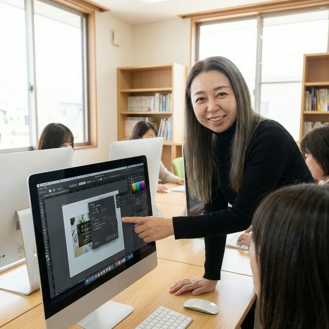 先生がデスクトップで操作の手本を見せる